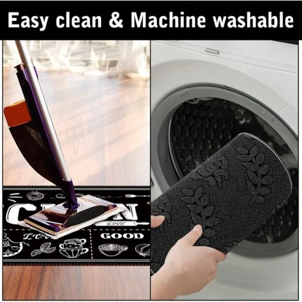 New 3-Piece Black Kitchen Rug Set, Non-Skid Anti-Fatigue Stain-Resistant Mats